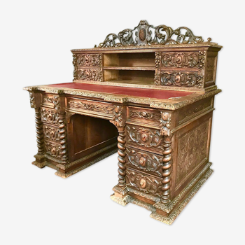 Hand-carved wooden desk in neo-renaissance style Henri II around 1870