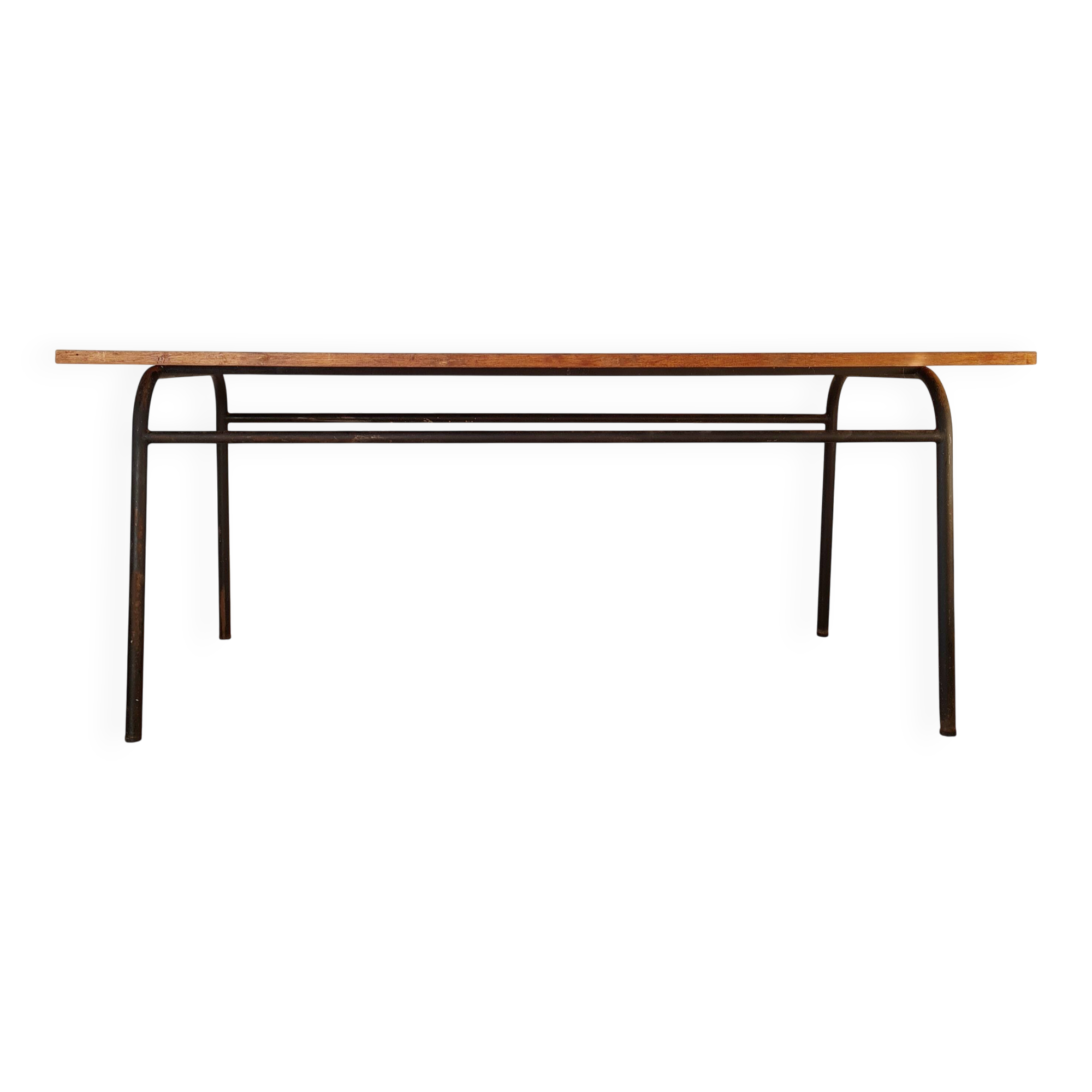 Metal tubular base table with a wooden top.