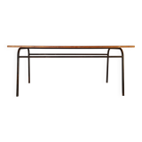 Metal tubular base table with a wooden top.