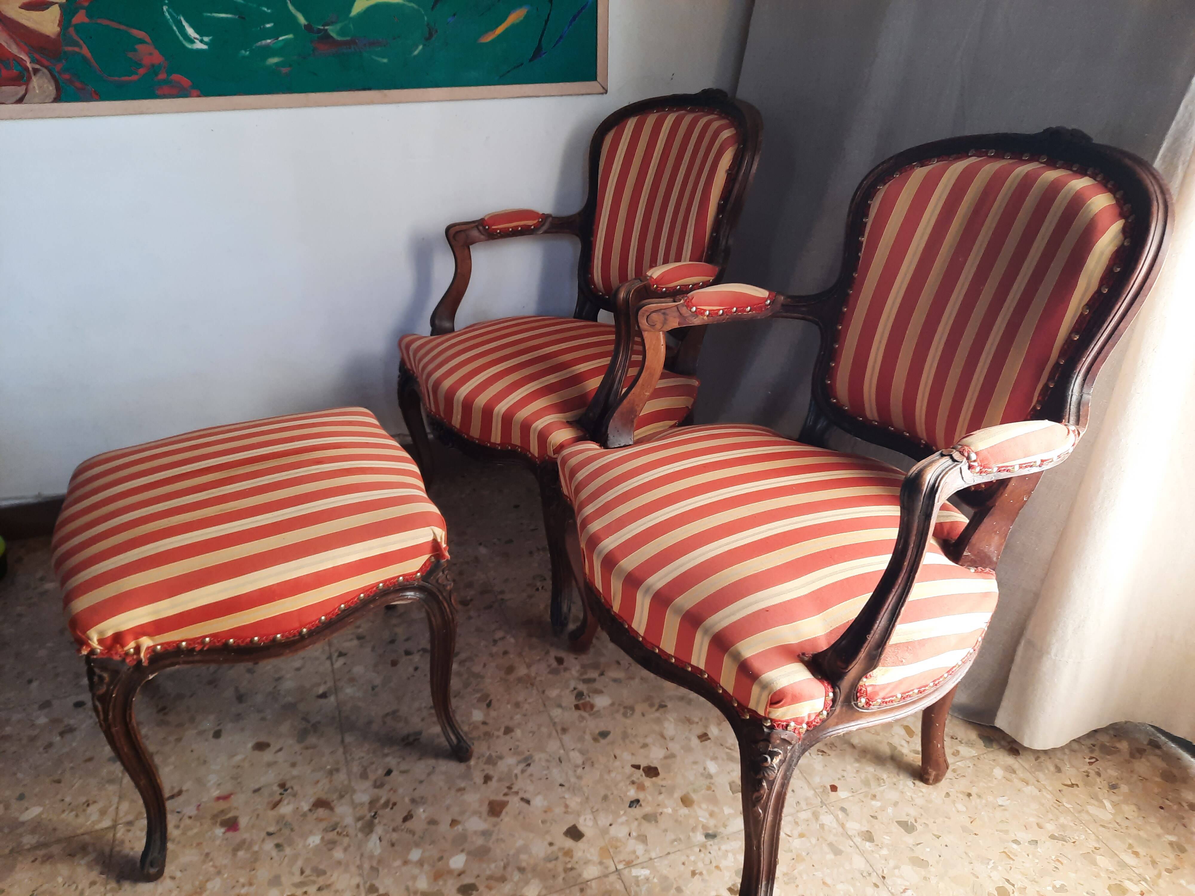 Pair of armchairs + stool in antique Louis XV style