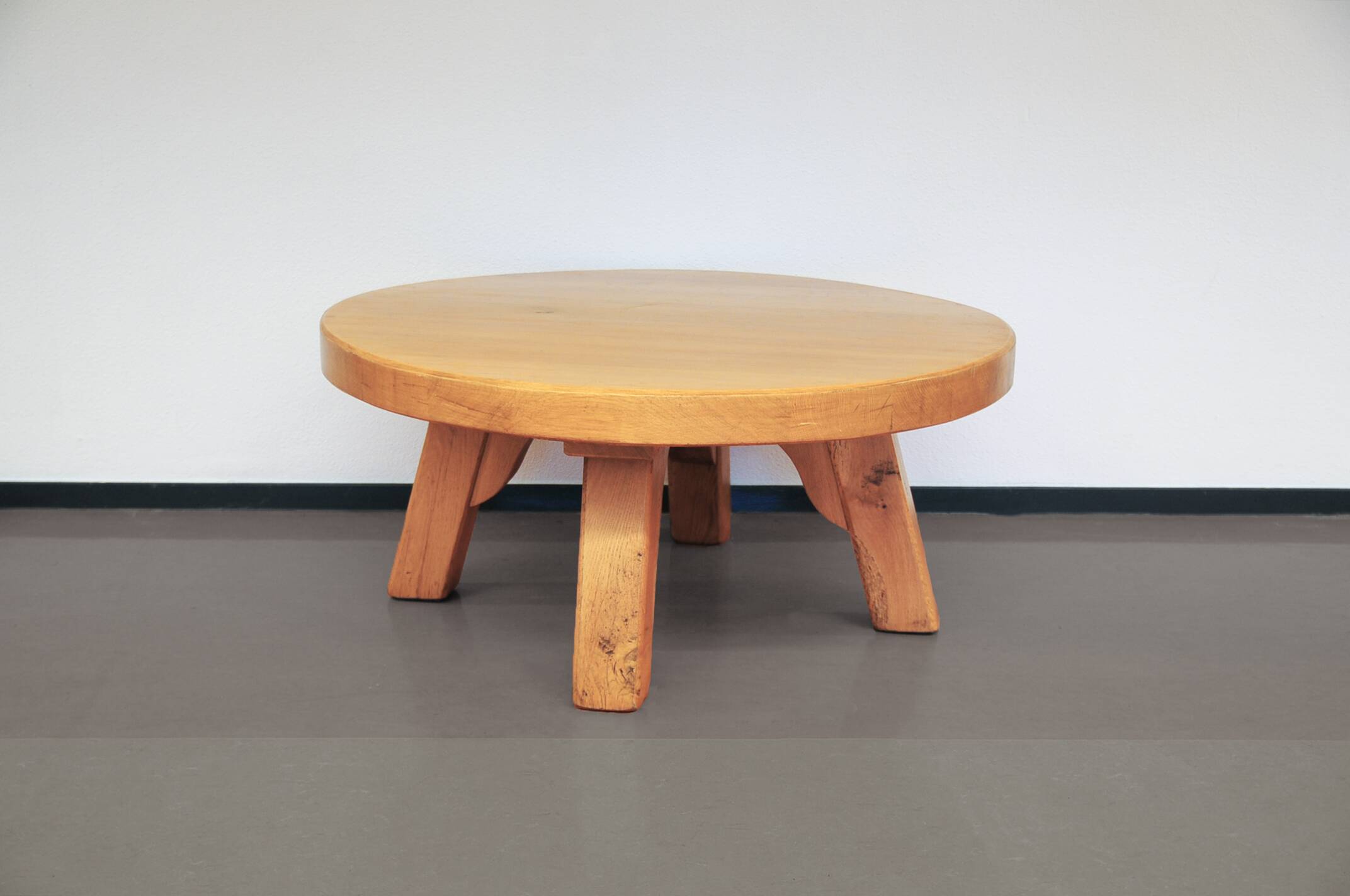 round vintage light oak brutalist coffee table