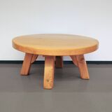 round vintage light oak brutalist coffee table