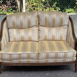 Louis XVI 2-seater sofa in golden beige fabric and curved solid wood