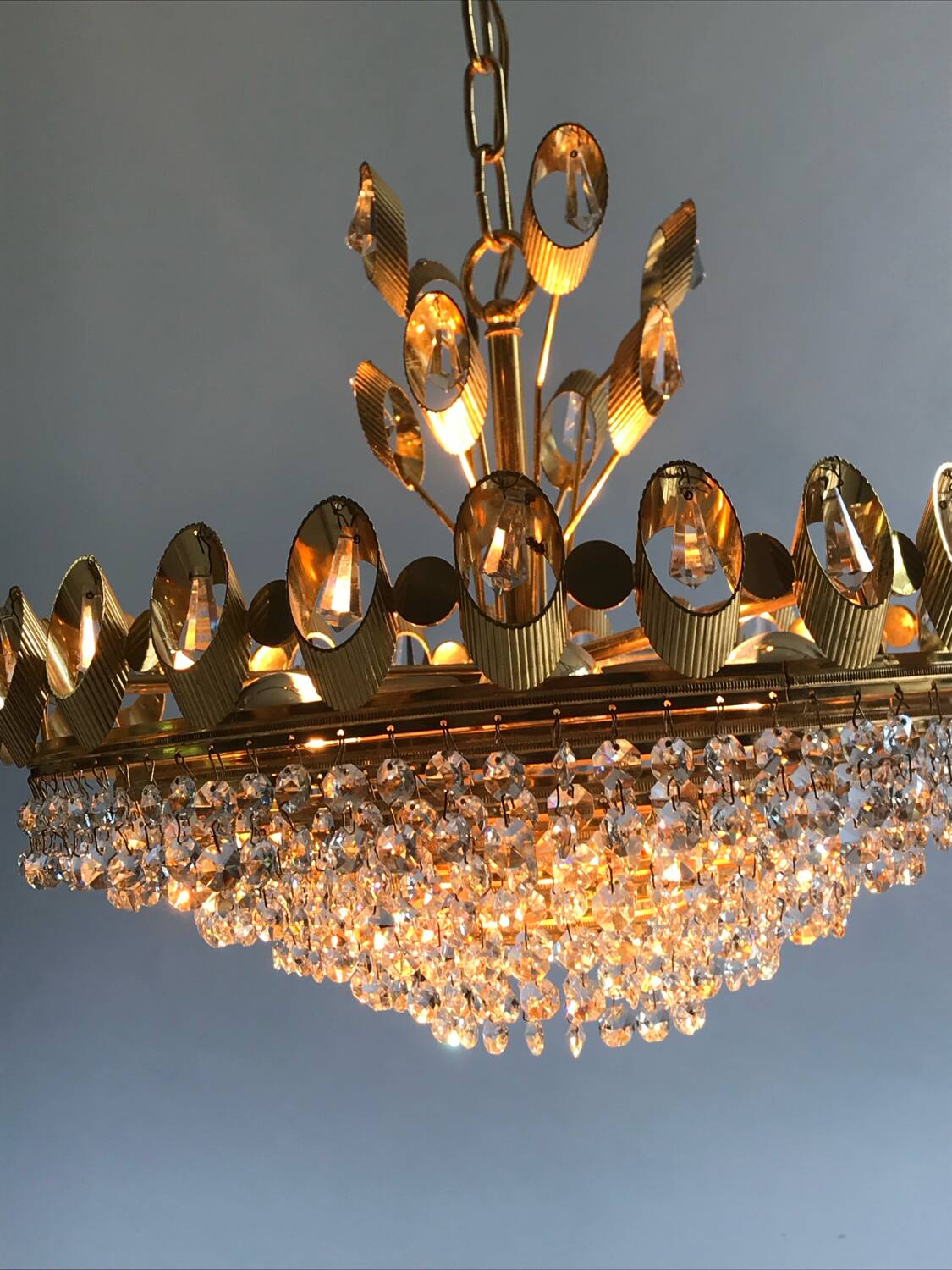 Hollywood Regency style brass and crystal chandelier by Palwa