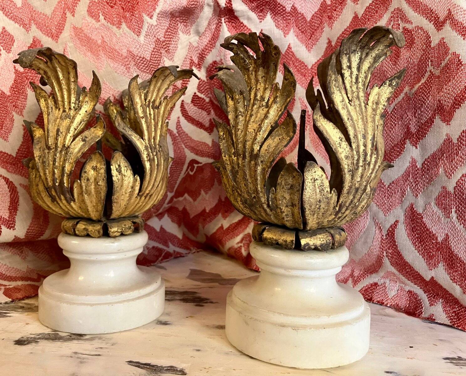 Florentine Renaissance Gilded Iron Acanthus Leaf Candleholders on Carrara Marble Bases, Set of 2