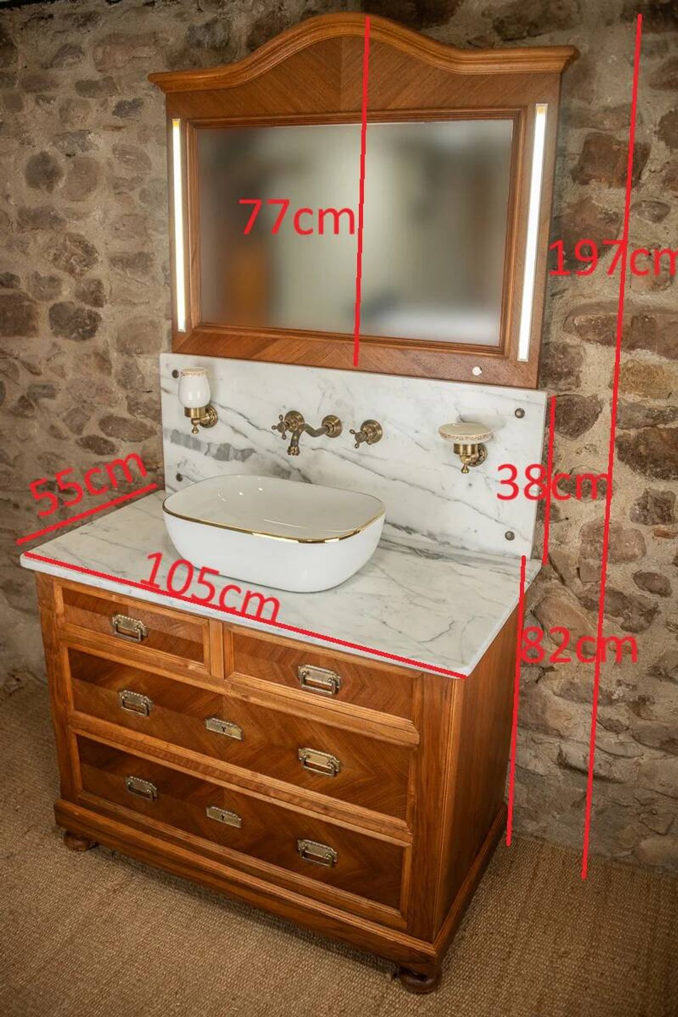 Antique washbasin cabinet from 1928 in wood and marble with illuminating mirror.