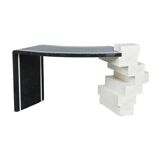 Unique Writing Desk with Black and White Stone Veneer and Brass Inlays