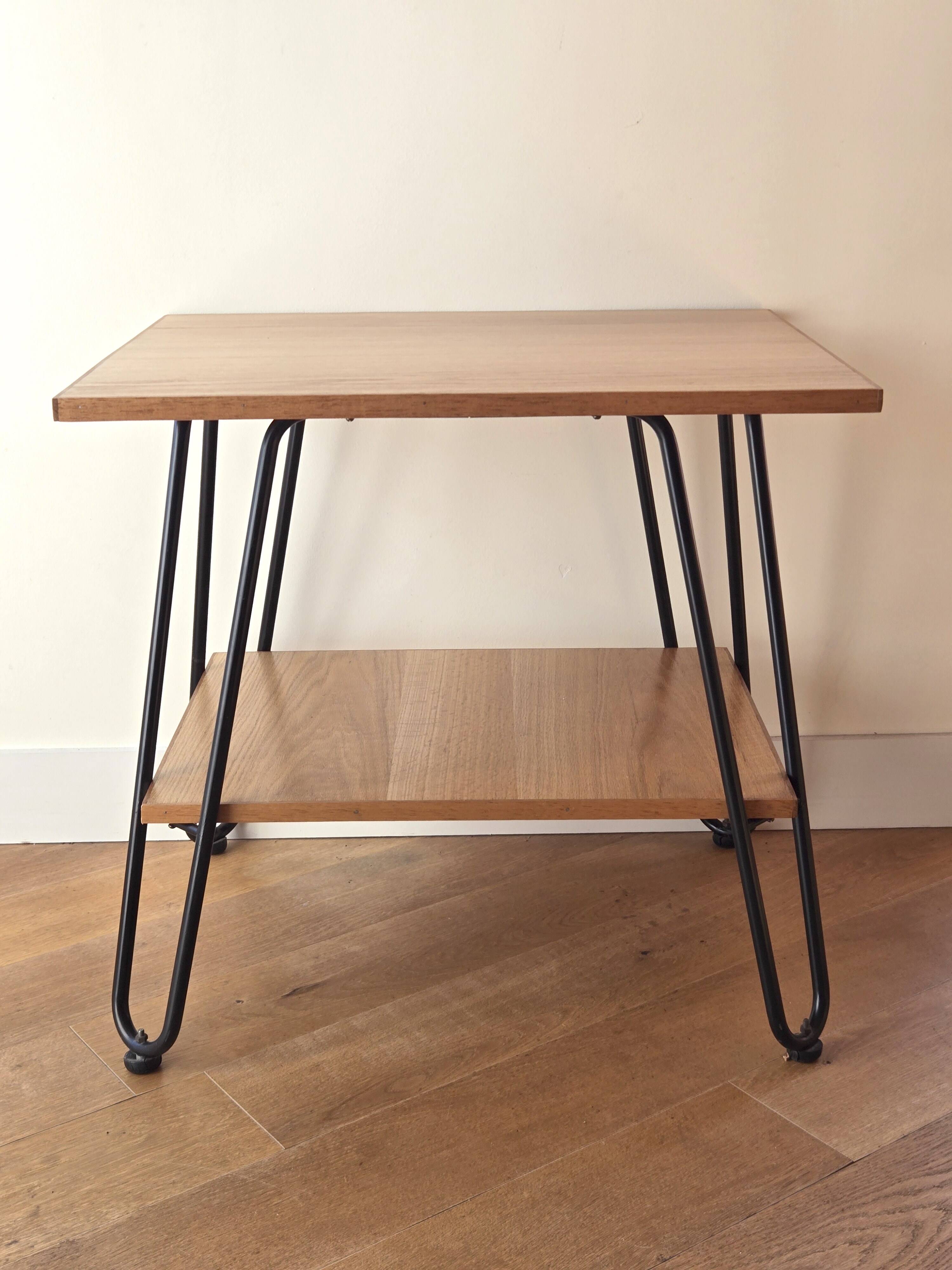 Side table in wood and steel in the style of Jacques Hitier, 1950s