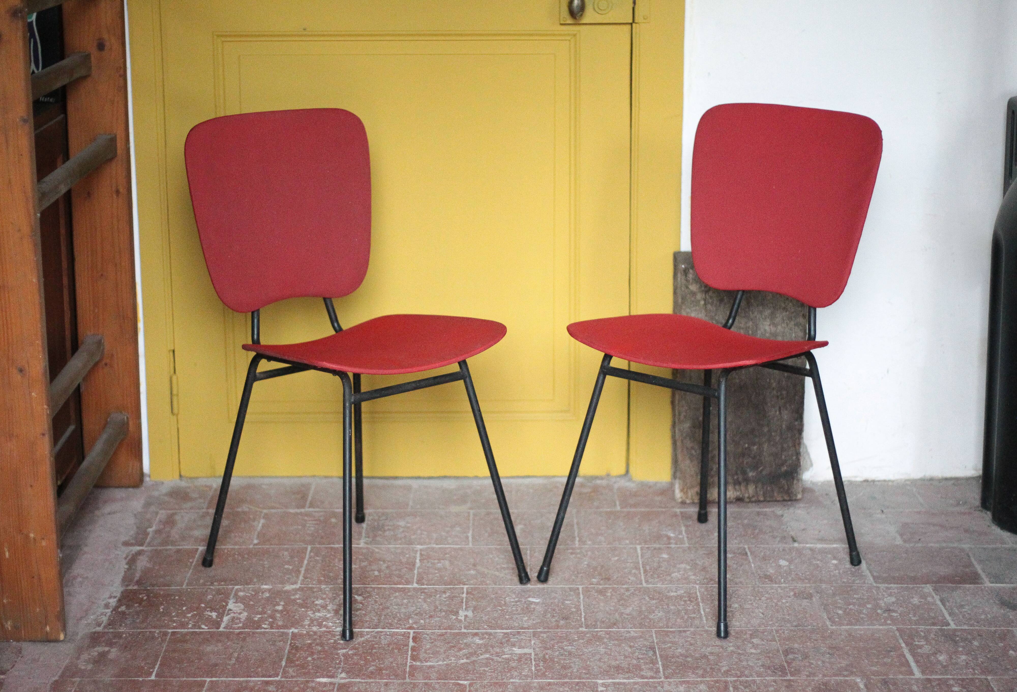 Pair of wooden and faux leather chairs from the 1950s, vintage chairs, retro.