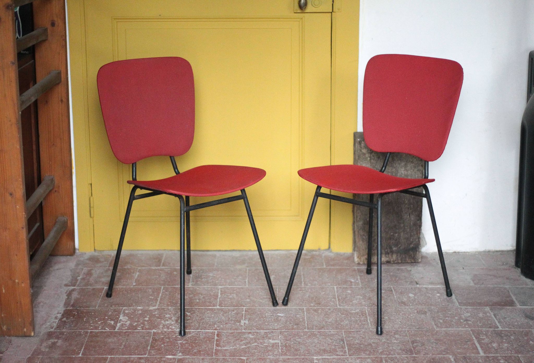 Pair of wooden and faux leather chairs from the 1950s, vintage chairs, retro.