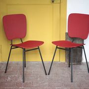 Pair of wooden and faux leather chairs from the 1950s, vintage chairs, retro.