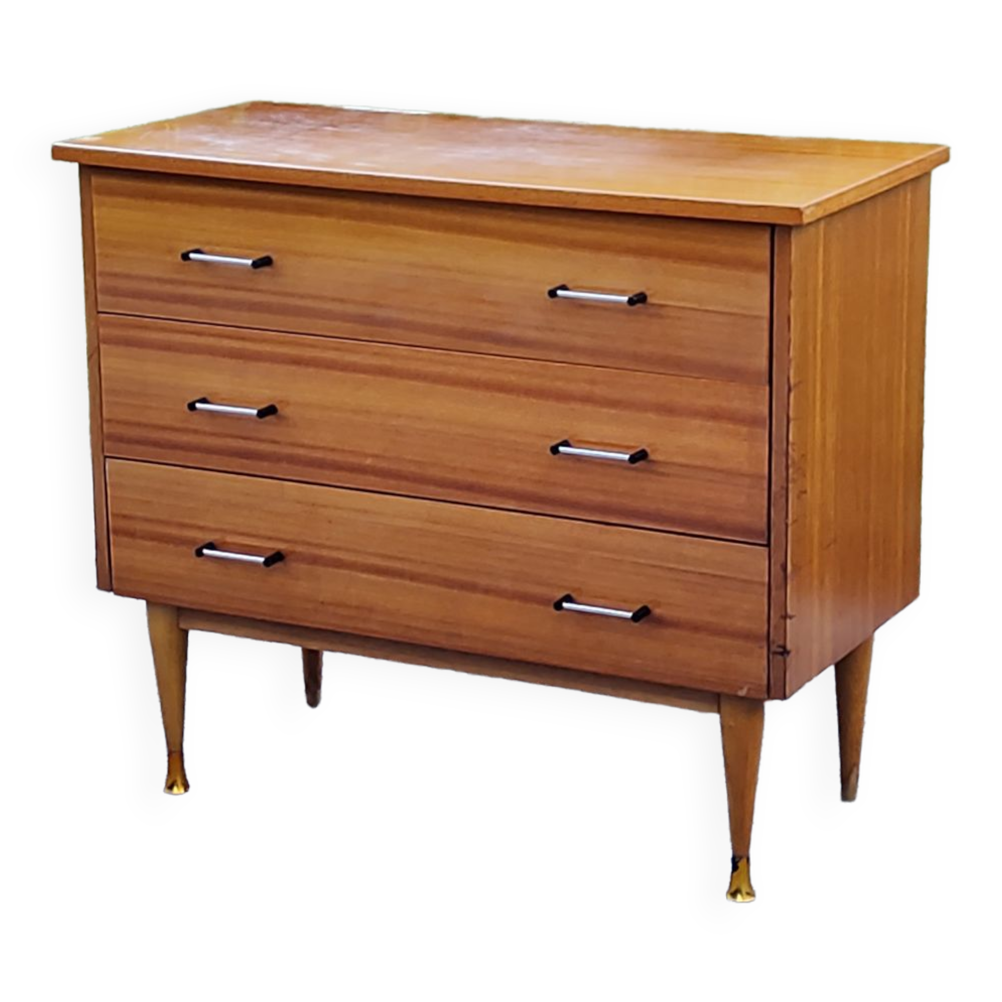 Vintage golden mahogany chest of drawers 3 drawers conical feet from the 60s
