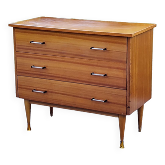 Vintage golden mahogany chest of drawers 3 drawers conical feet from the 60s