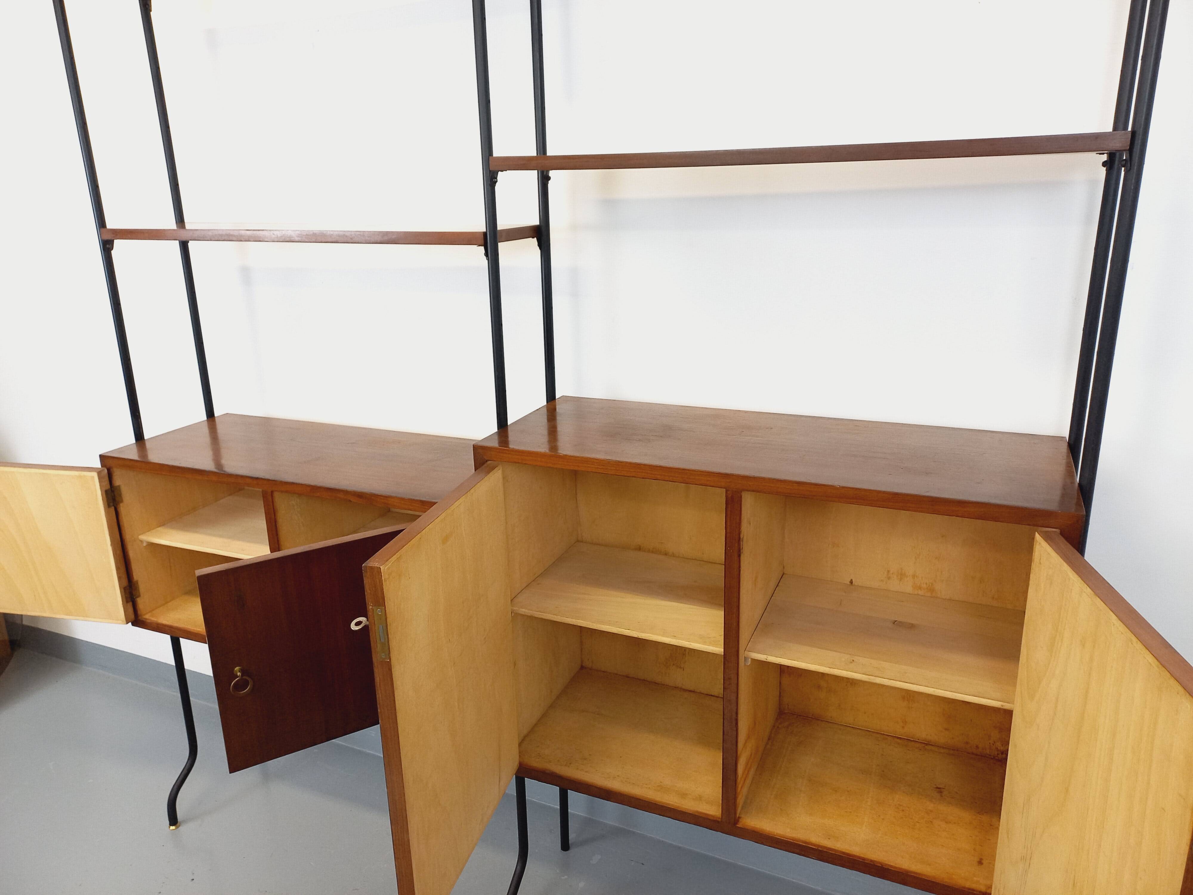 Vintage Italian double modular shelving unit in wood and metal