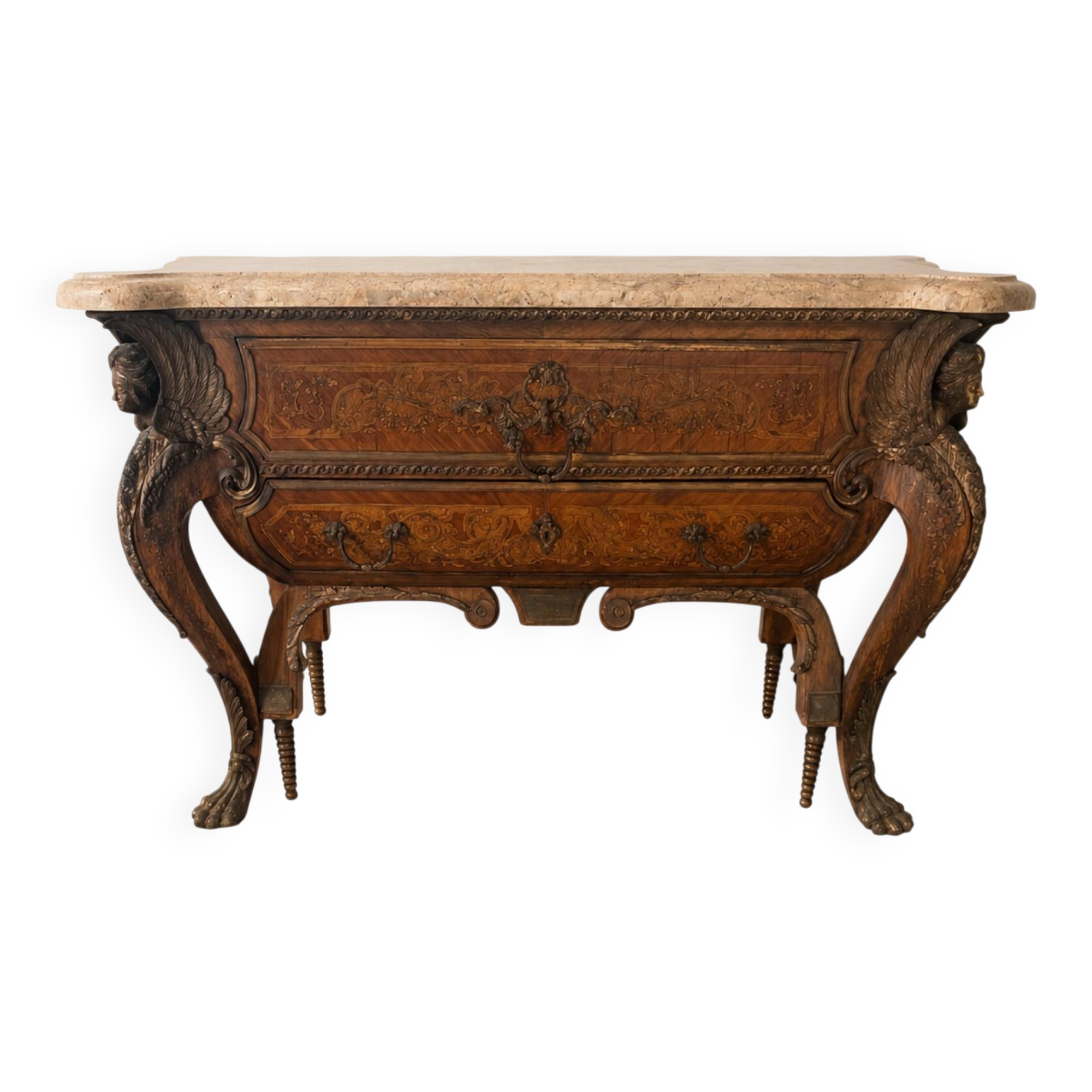 Ornamental commode in marquetry, marble, winged figures - Napoleon III