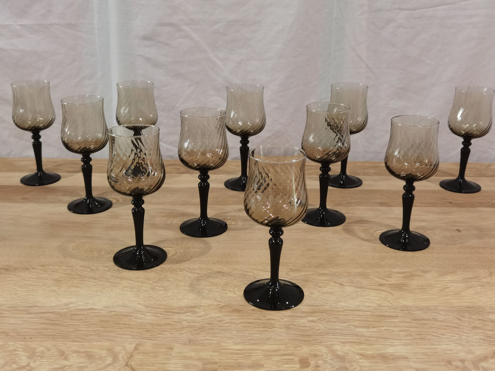 11 vintage black foot smoked twisted water glasses