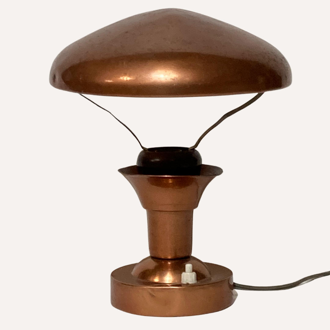 Copper and teak table lamp, France 1950s