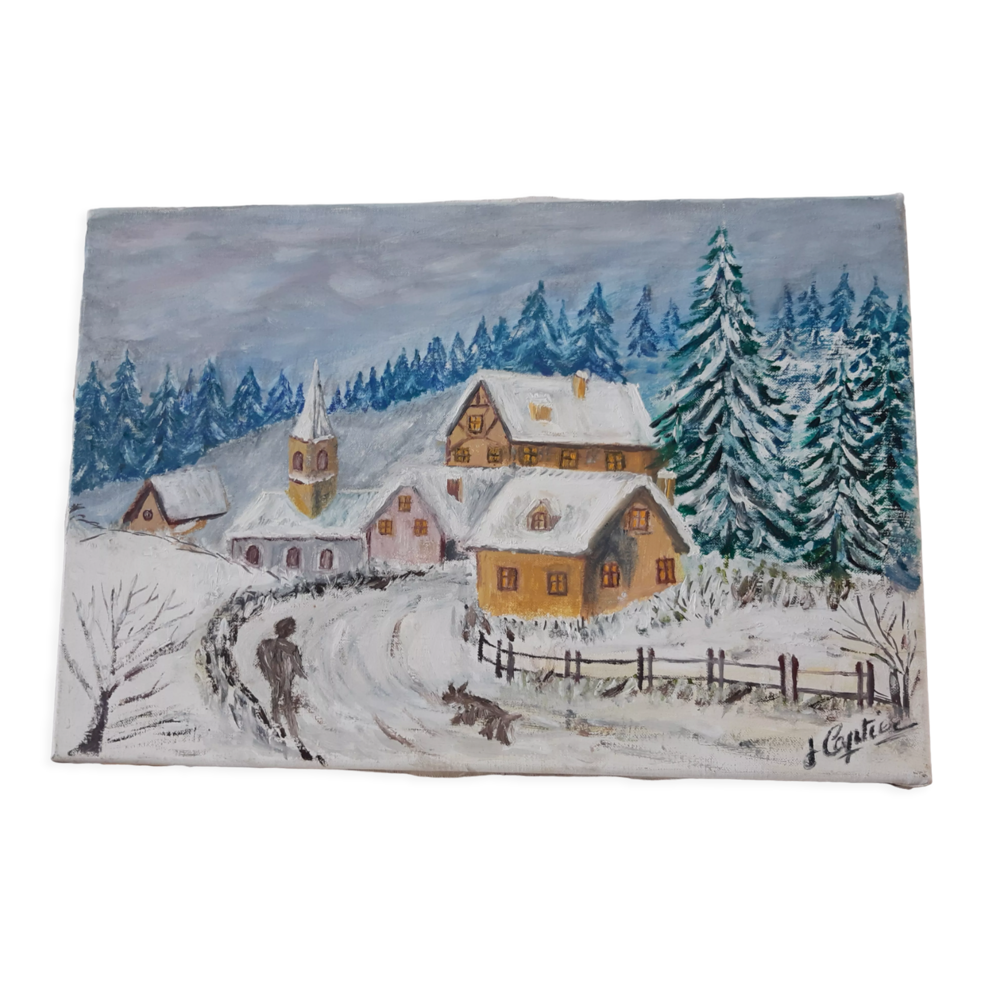 Oil painting on canvas village and landscape winter vintage signed