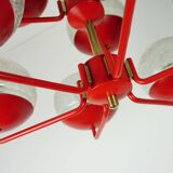1960s chandelier, red metal and brass, 9 crackle glass shades
