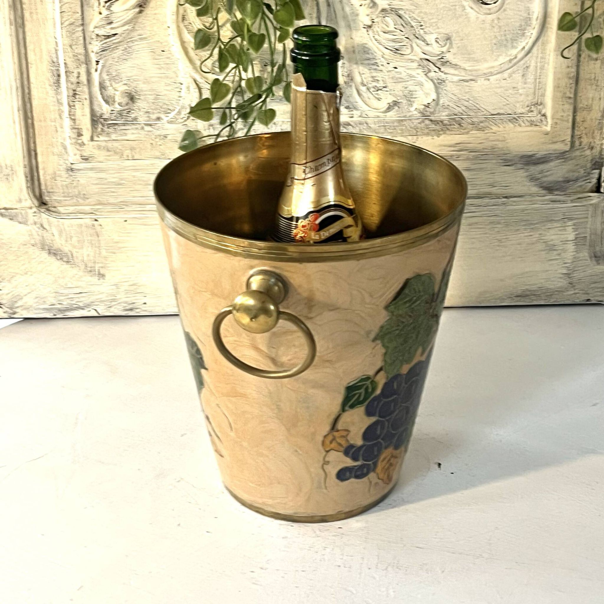 French vintage cloisonne champagne bucket with grape and vine design