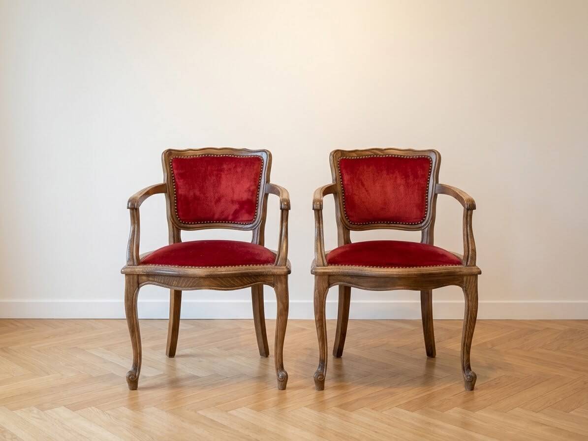 Pair of retro red velvet dining chairs