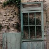 Glass pine door (6 panes) with its transom and removable shutter
