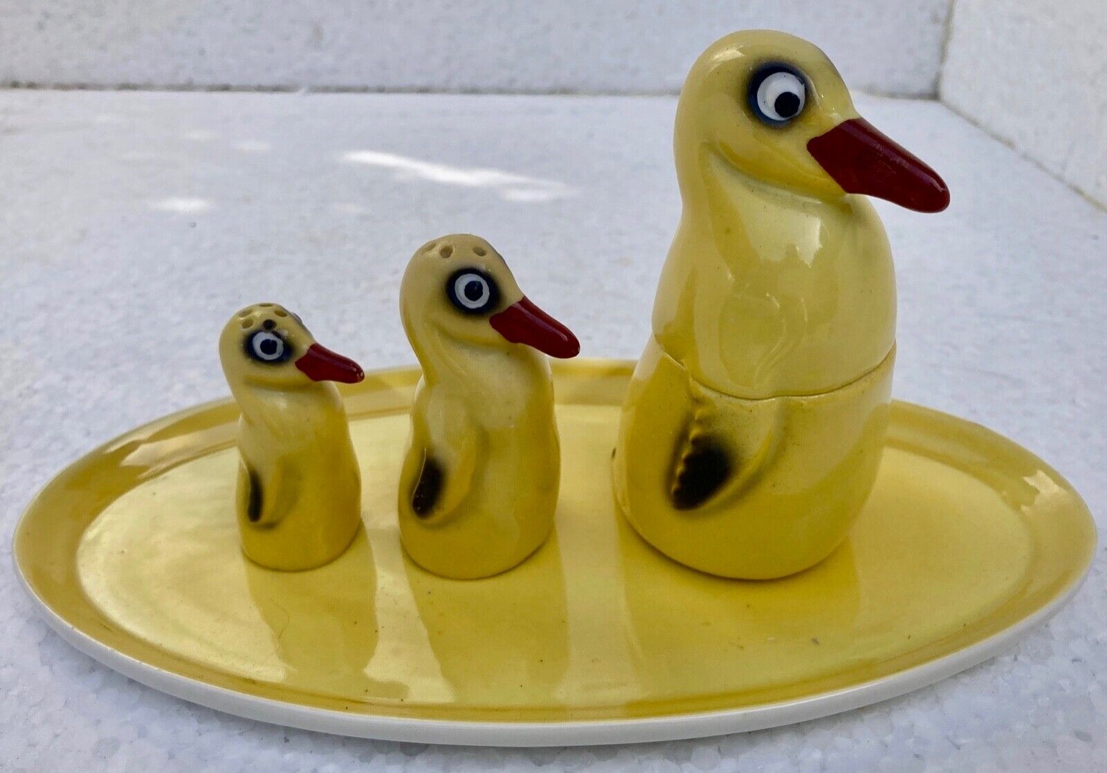 salt shaker, pepper shaker, mustard Set condiment service, porcelain Pfeffer Gotha - penguins