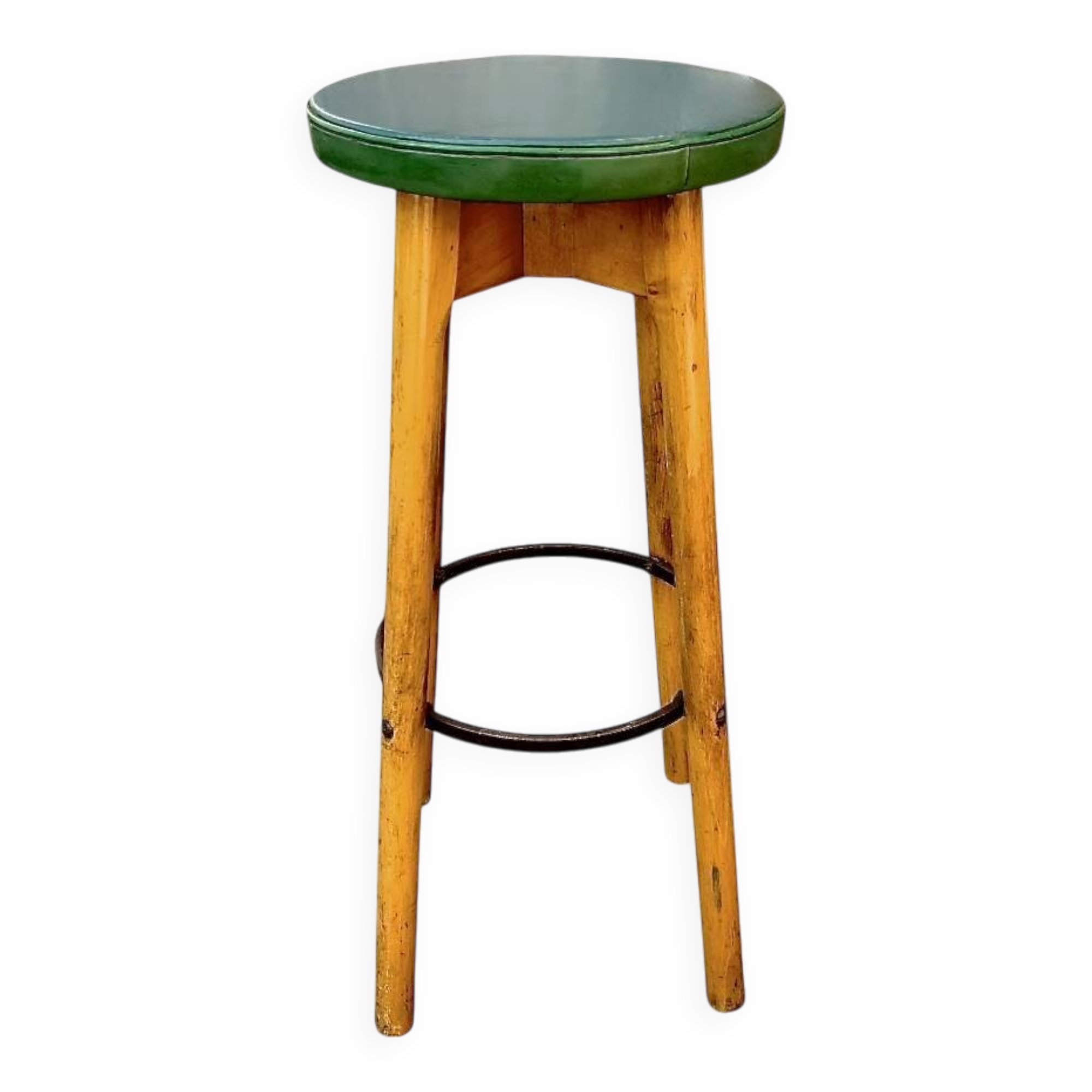 Old solid wood bar stool, metal footrest, green leatherette seat