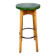Old solid wood bar stool, metal footrest, green leatherette seat