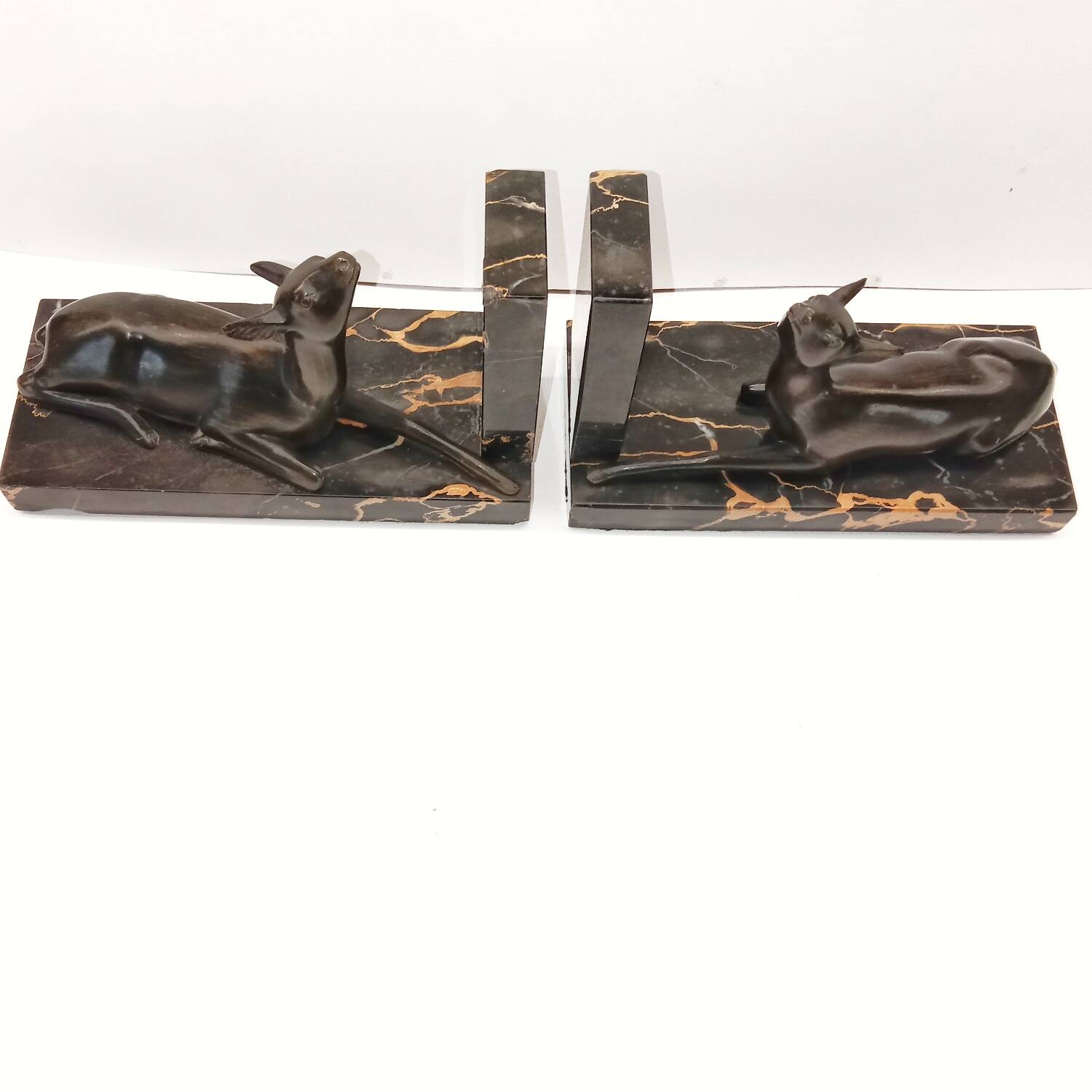 Art Deco Bookends of Doe Lying on Portor Marble