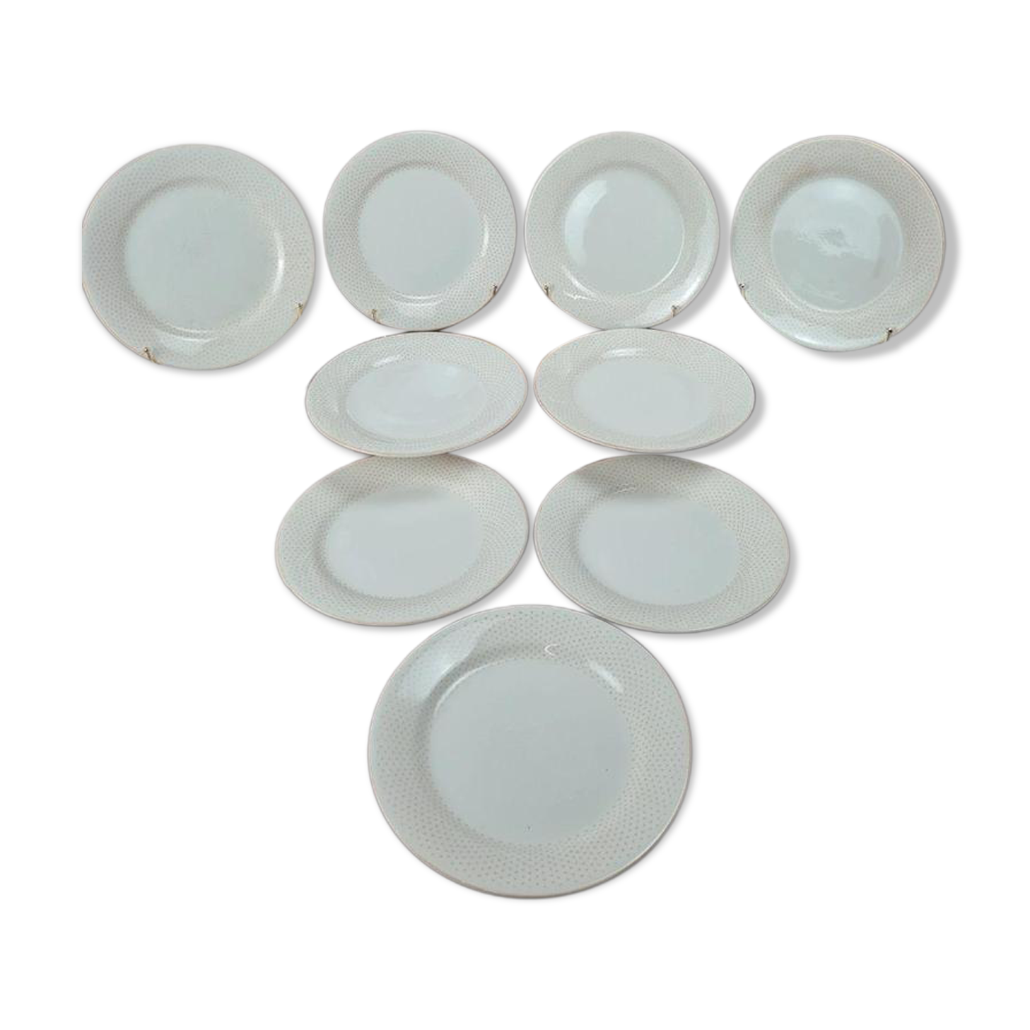 Assiettes Gien modernistes à pois dorés – lot de 9