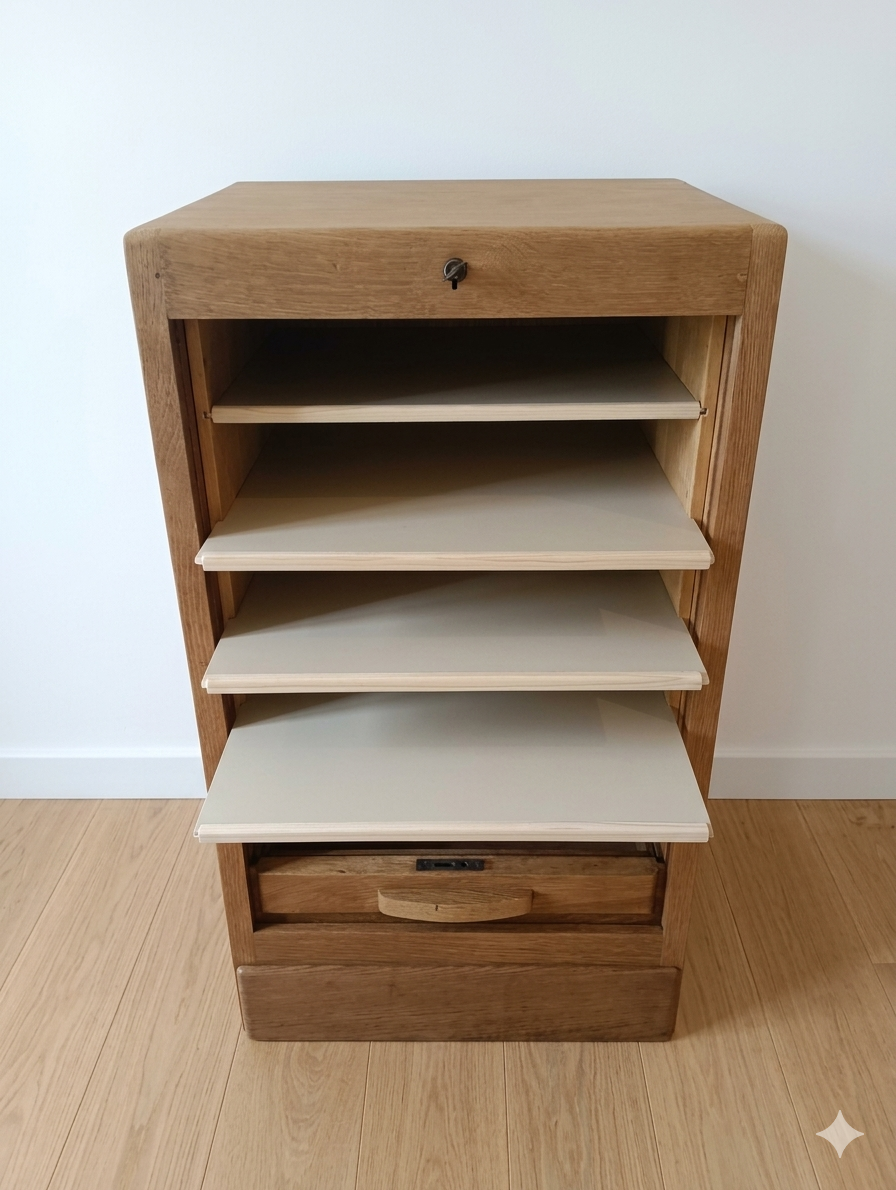 Solid oak filing cabinet with curtains