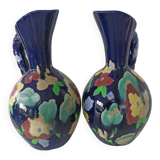 Pair of hand-painted earthenware cruet jug vases. Numbered