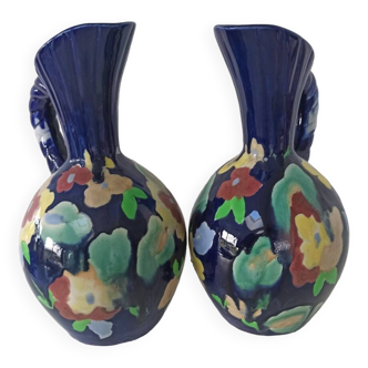Pair of hand-painted earthenware cruet jug vases. Numbered