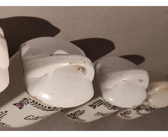 5 old art deco pots in vintage ceramic with spices, flour, pepper, coffee, tea, sugar
