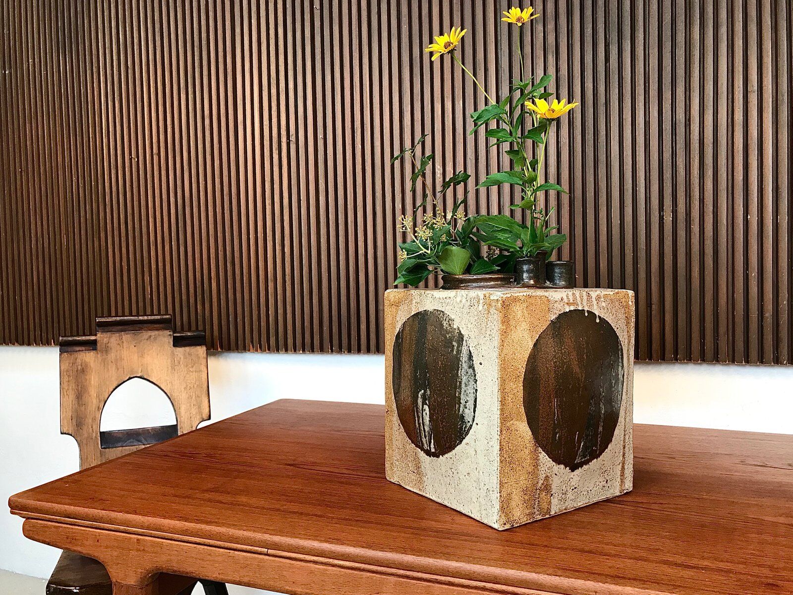 Brutalist ceramic art cube vase by Annette Merkenthaler, Germany 1960s