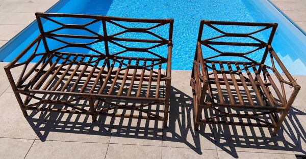 Ensemble salon de jardin une Banquette et un Fauteuil en bois Vintage