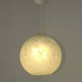 French suspended ceiling light in the shape of a white ball, Clichy 3336 glass shade.
