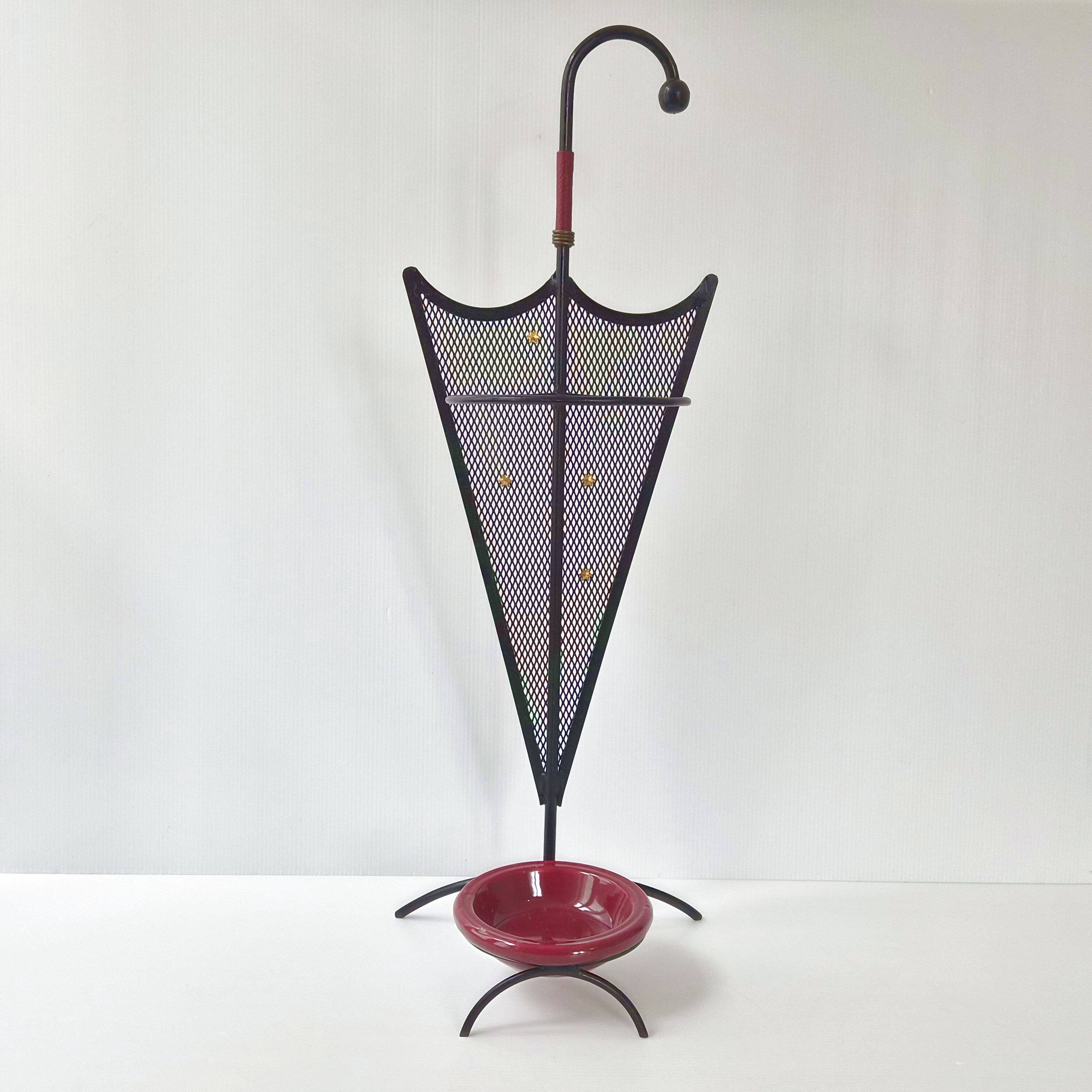 Porte-parapluie vintage 1950 en métal cuir & céramique bordeaux 50s rockabilly