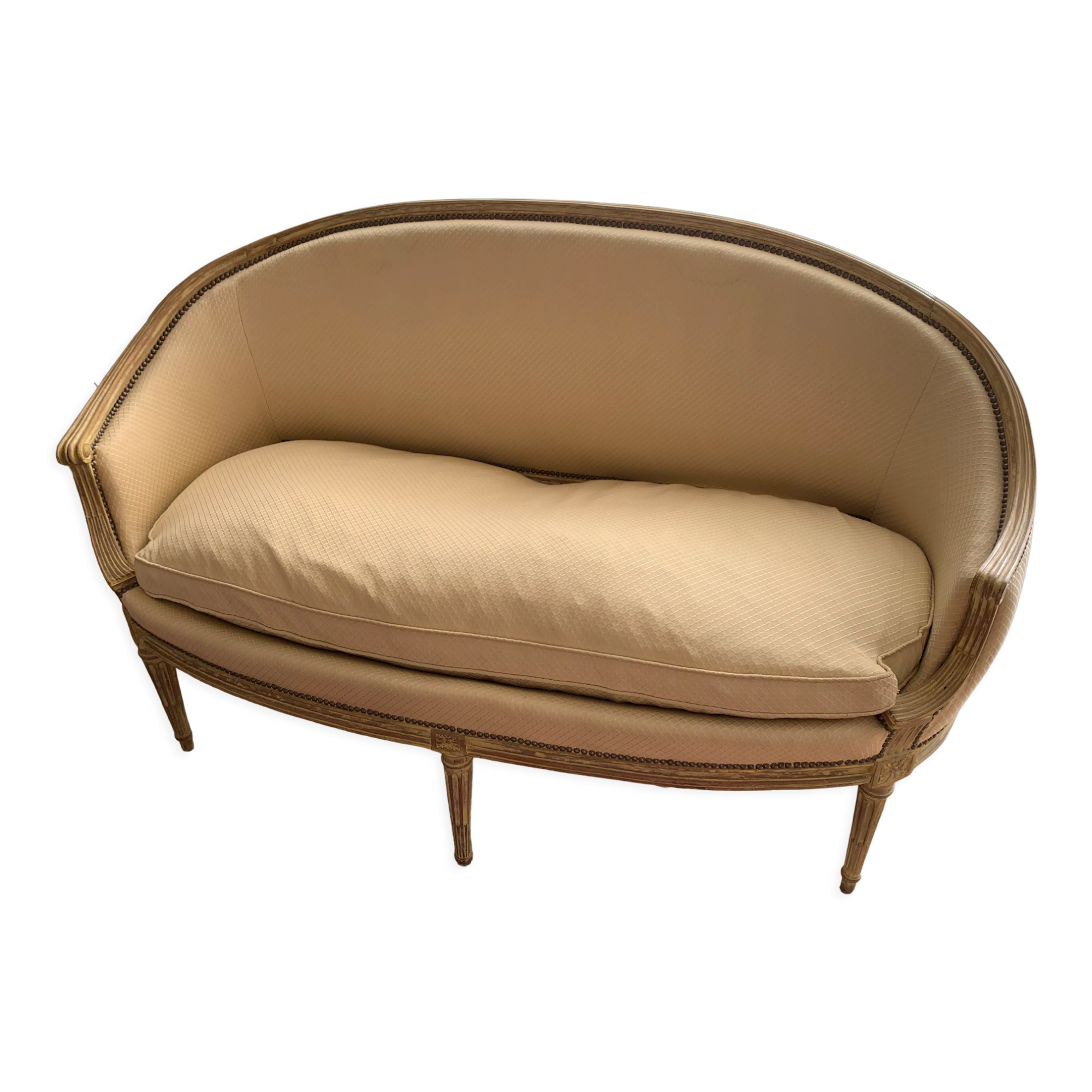 Louis XVI style patinated wooden basket sofa. Pierre Frey fabric. 19th century