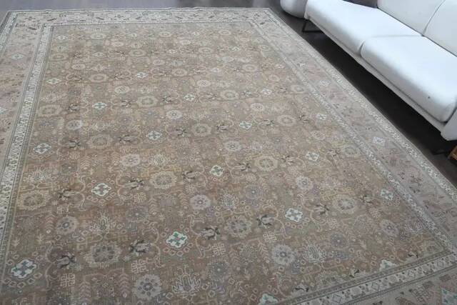 1970s Vintage Persian Handmade Wool Cotton Light Brown Area Rug 290x372
