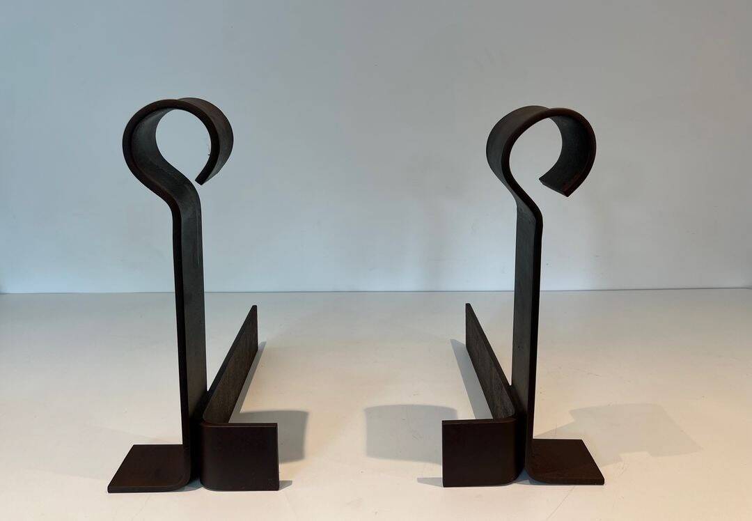 Important Pair of Modernist Wrought Iron Andirons with Ring Finials
