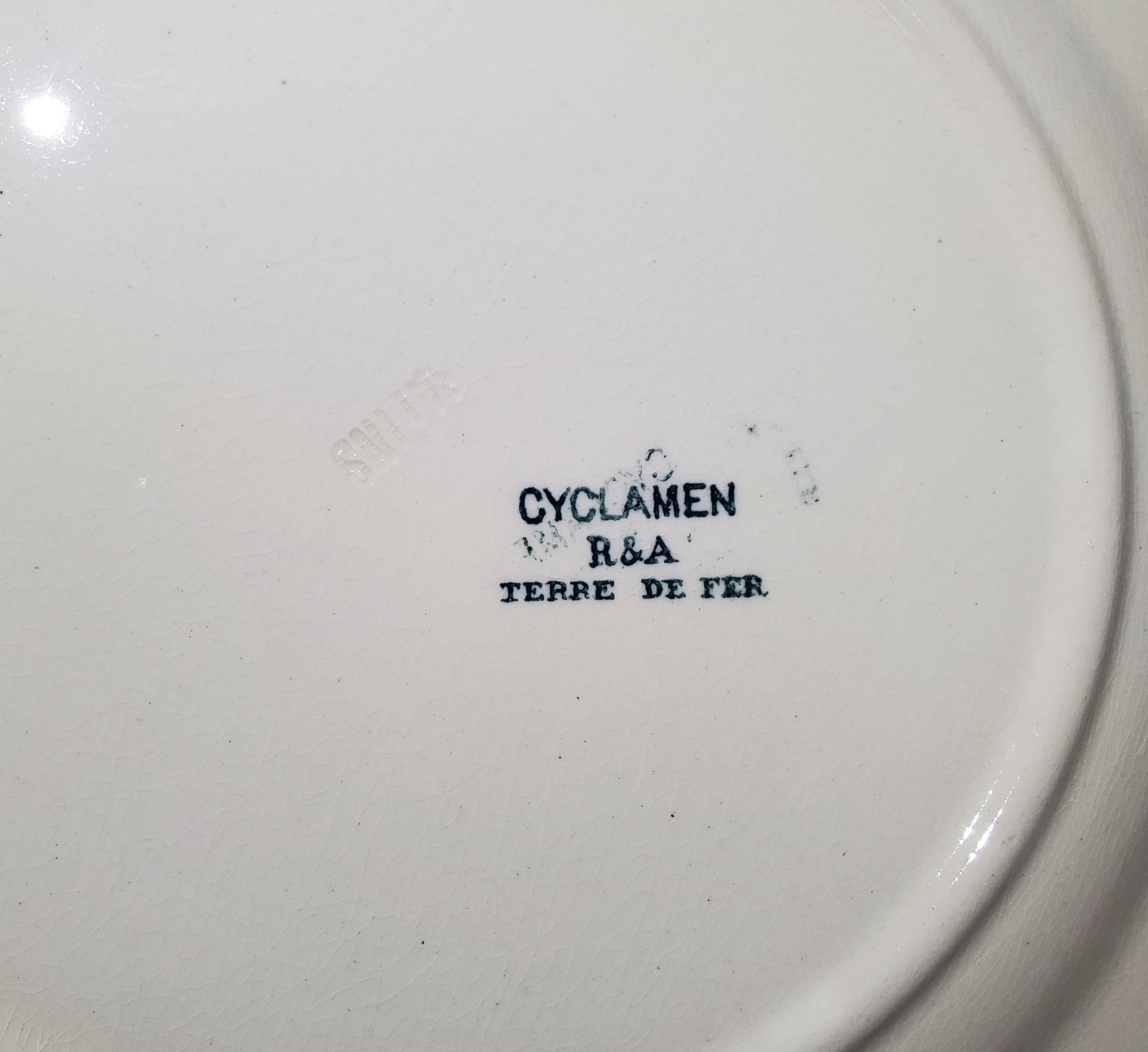 Flat plate of the earthenware factory of Salins model Cyclamen, iron earth.