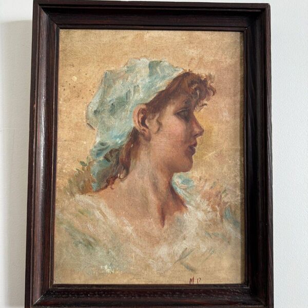 Huile sur isorel, portrait de jeune fille au foulard bleu monogramme MP