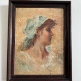 Huile sur isorel, portrait de jeune fille au foulard bleu monogramme MP