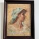 Huile sur isorel, portrait de jeune fille au foulard bleu monogramme MP
