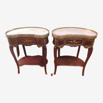Pair of kidney tables in marquetry and marble