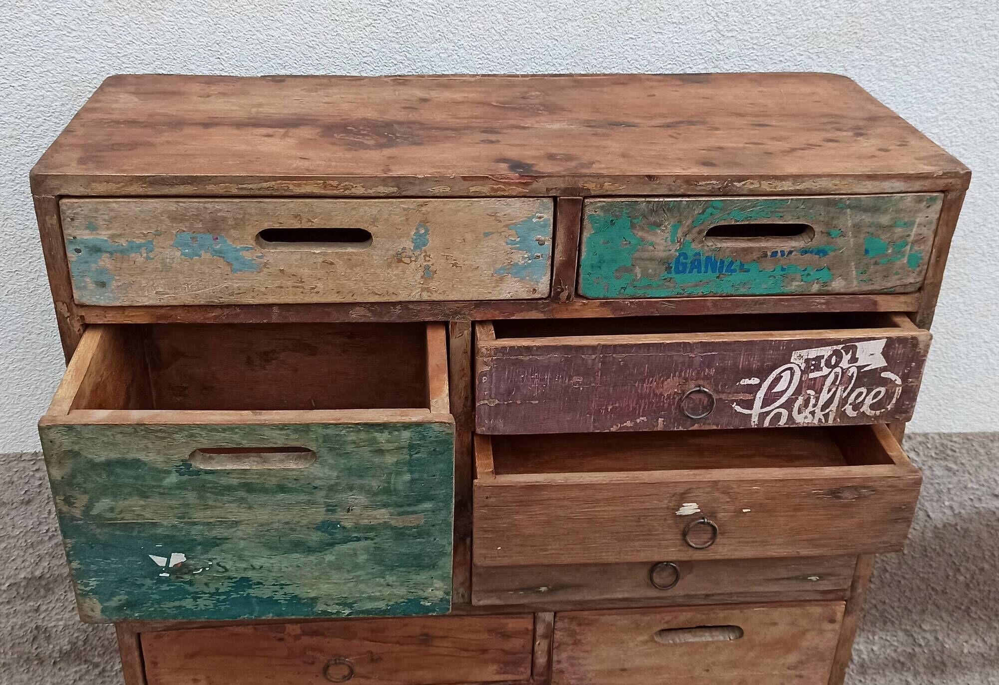 Original wooden chest of drawers with 15 mismatched drawers
