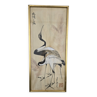 Peinture sur soie japonaise ancienne - Les deux grues