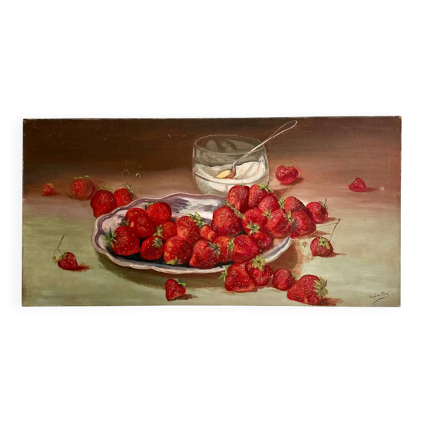 Huile sur toile, nature morte aux fraises signée Raymond JAFFRÉ (1918-2003)